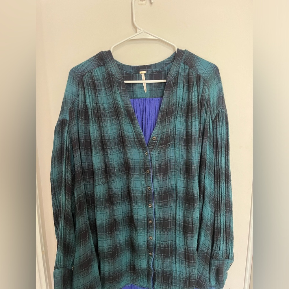 Free People Come On Over Plaid Pleated Button Down Flannal Shirt Size Small Boho - Picture 4 of 7